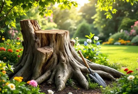 Illustration d'un jardin avec une souche d'arbre et un jeune plant