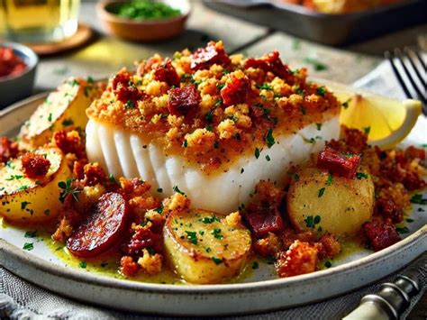 Ingrédients frais pour la recette (cabillaud, chorizo, légumes, feta)