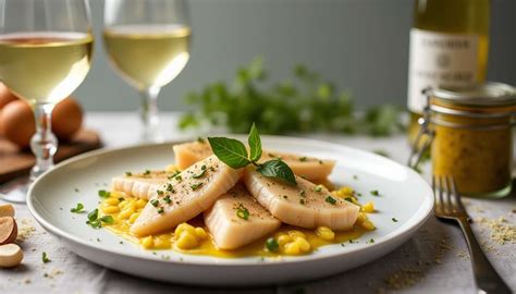 Table dressée avec plat de cabillaud et verre de vin blanc
