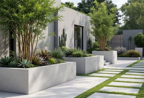 Diverses formes et tailles de jardinières en béton dans un aménagement paysager