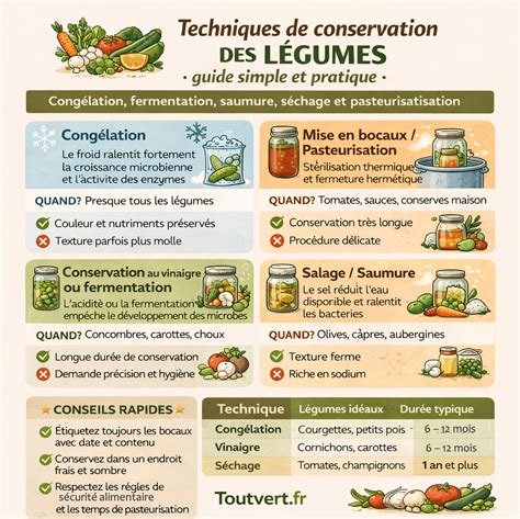 Infographie comparative des méthodes de conservation : séchage, congélation et bocaux