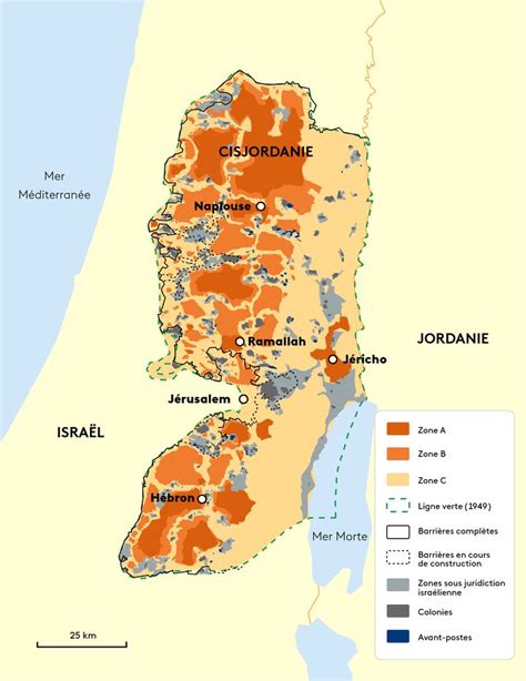 Graphique de l'évolution des zones de contrôle A, B et C en Cisjordanie