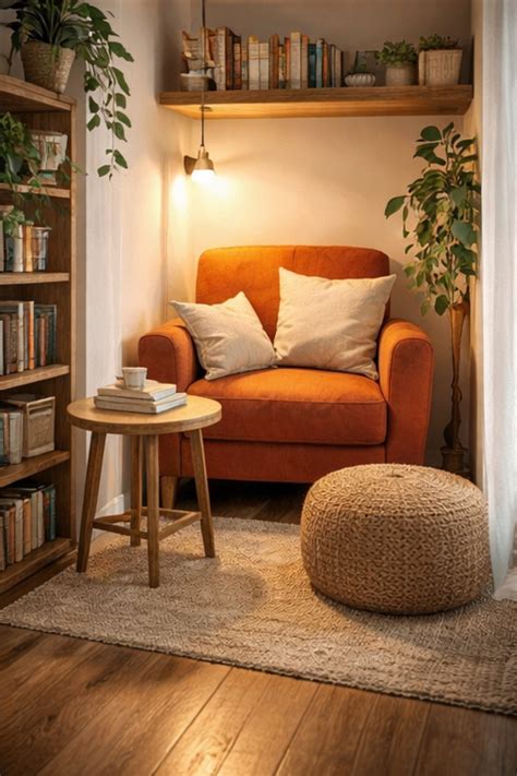 Aménagement d'un coin lecture avec une Maranta suspendue à côté d'une lampe d'ambiance