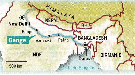 Carte du bassin du Gange indiquant les lieux de vie du Bouddha