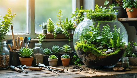Vue détaillée d'une main plantant une succulente dans un terrarium, avec des outils