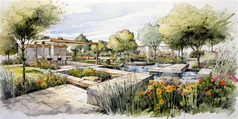Schéma d'aménagement paysager intégrant des structures pour plantes grimpantes le long d'une allée
