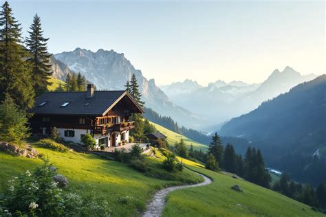 une allée fleurie menant à une maison isolée au crépuscule