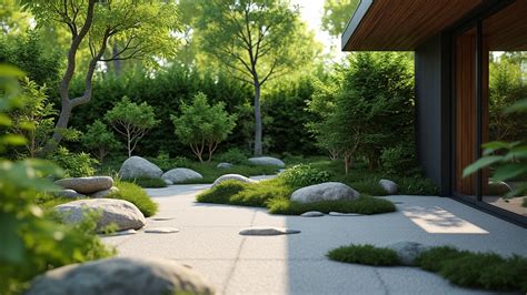 Bonsaï artificiel disposé dans un jardin zen extérieur