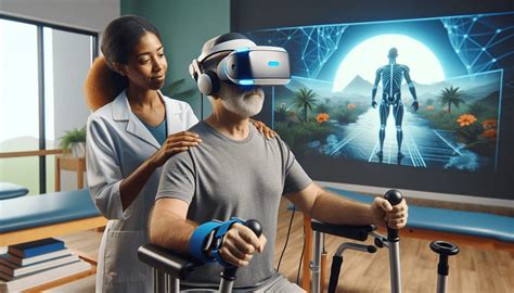 Représentation schématique d'un patient utilisant un système de réalité virtuelle pour un exercice de cueillette assistée.
