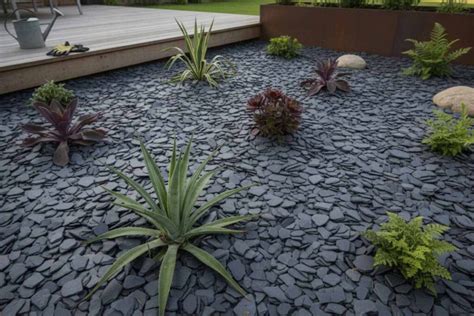 Illustration d'un jardin avec paillage en ardoise et plantes