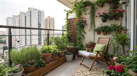 Illustration d'un jardin urbain sur un balcon utilisant divers sacs de plantation en tissu