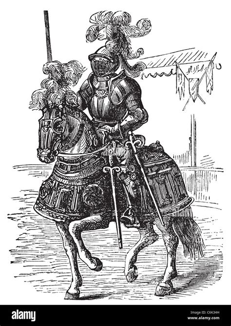gravure ancienne représentant un chevalier médiéval sur son destrier