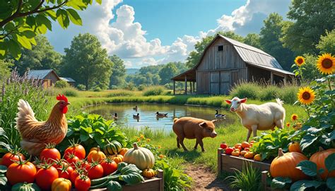 Illustration d'une ferme en permaculture avec différentes cultures et animaux