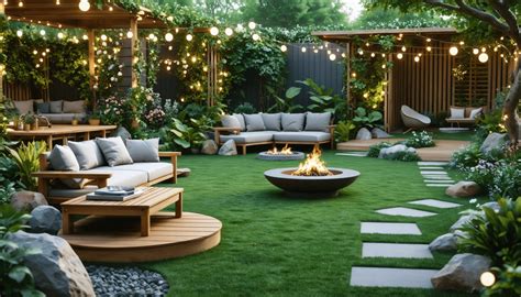Espace détente dans un jardin avec mobilier d'extérieur et potager en arrière-plan