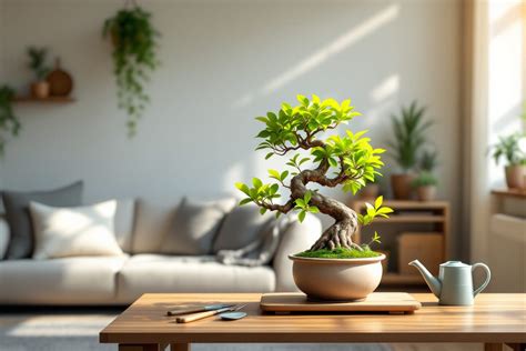 Un magnifique bonsaï artificiel posé sur une table en bois clair dans un intérieur minimaliste