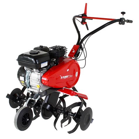 Vue d'ensemble de la motobineuse Pubert dans un potager domestique bien entretenu