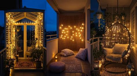 Balcon illuminé par des guirlandes guinguette le soir