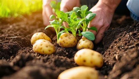 Plantation de pommes de terre germées dans un sillon