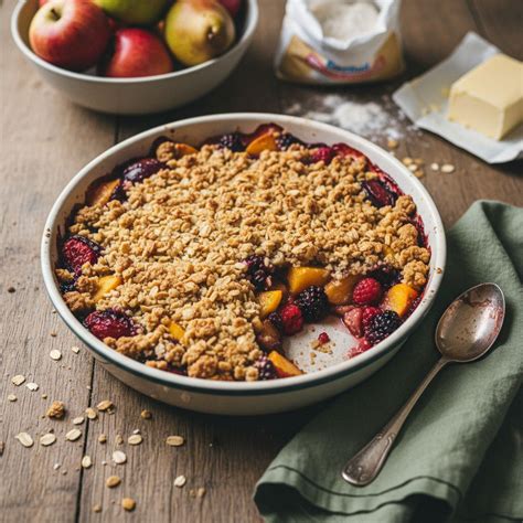 Crumble aux fruits d'été agrémenté de feuilles fraîches de lierre terrestre