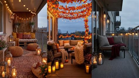 Ambiance cosy sur un balcon décoré pour l'automne avec des plantes, des lanternes et un plaid