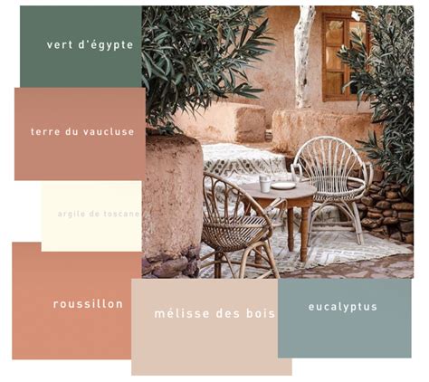 Palette de couleurs bois gris et touches orangées pour extérieur