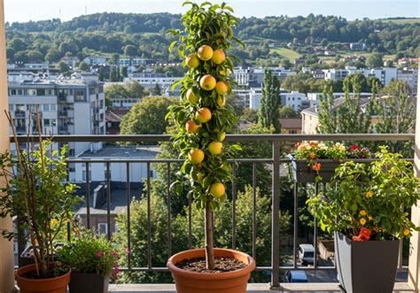 Arbre fruitier colonnaire en pot sur un balcon