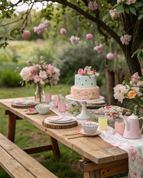 une table décorée pour un anniversaire dans un jardin verdoyant