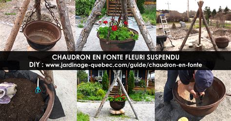 Chaudron en fonte transformé en jardinière fleurie sur une terrasse ensoleillée