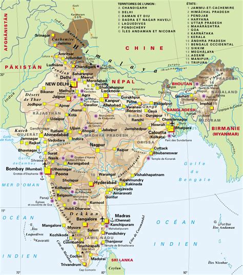carte de l'Inde montrant la diversité climatique et topographique