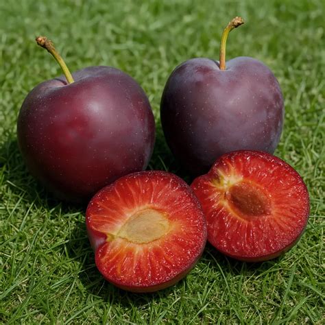 Illustration montrant un prunier Mirabelle Ruby avec ses fruits rouges caractéristiques
