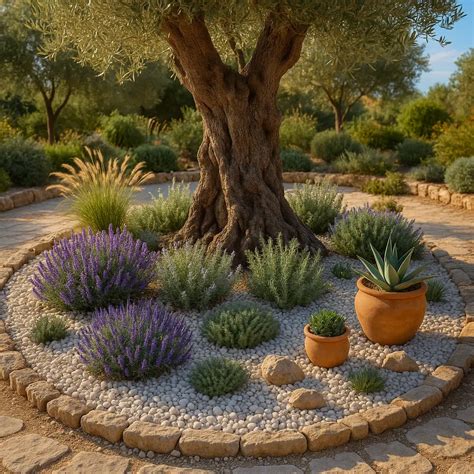 Illustration d'un aménagement en groupes de plantes naturalisées au pied d'un arbre