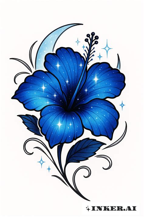 Illustration d'un tatouage hibiscus bleu lagon stylisé
