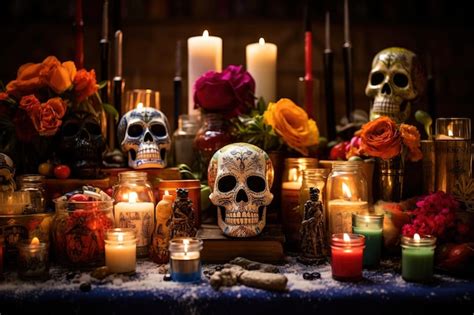 Une autel traditionnel du jour des morts richement décoré avec des fleurs de cempasúchil et des bougies