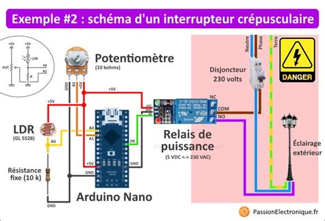 Schéma de montage d'un détecteur jour/nuit avec photorésistance et LED