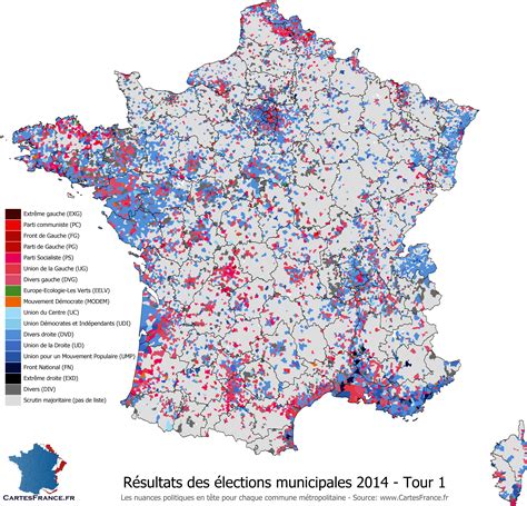 Carte des résultats du premier tour des élections municipales 2026 en France