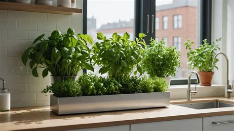 Jardinière remplie d'herbes aromatiques fraîches près d'une fenêtre de cuisine