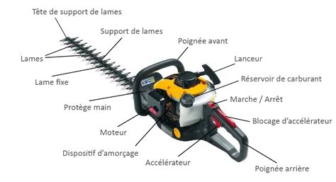 Schéma explicatif des composants d'un taille-haie : moteur, poignées, lamier et bouclier de protection