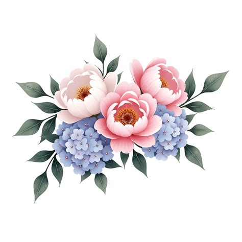 illustration botanique de pivoines roses et hortensias bleus pour design de cartes