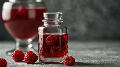 Photographie artistique d'une bouteille de liqueur maison infusée avec des framboises et du thym
