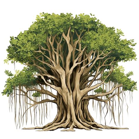 Illustration d'un banian mature avec ses multiples racines aériennes descendant des branches vers le sol