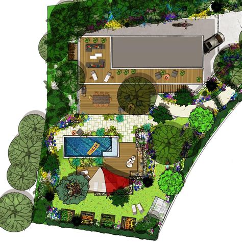 Plan de jardin méditerranéen avec citronniers et oliviers en pot