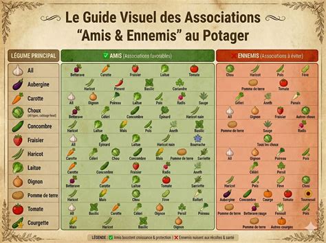Tableau des associations de légumes favorables et défavorables