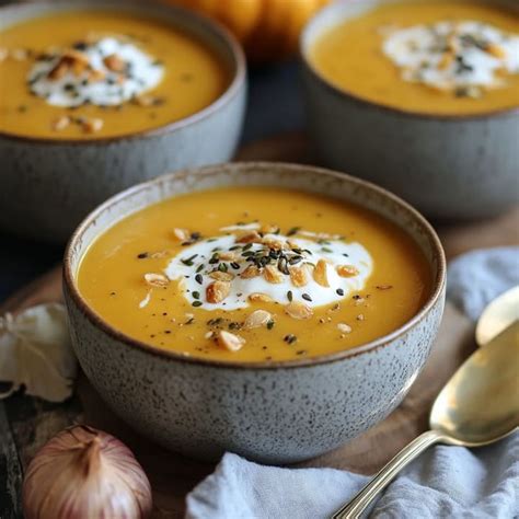 Bol de velouté de potiron avec une touche de crème et des épices