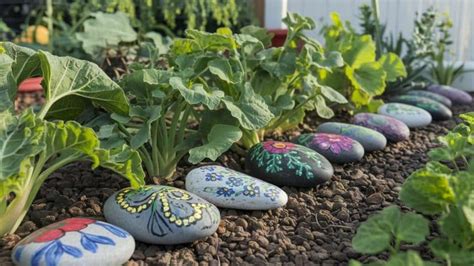 Photo d'un jardin potager bien entretenu avec des étiquettes en galets peints