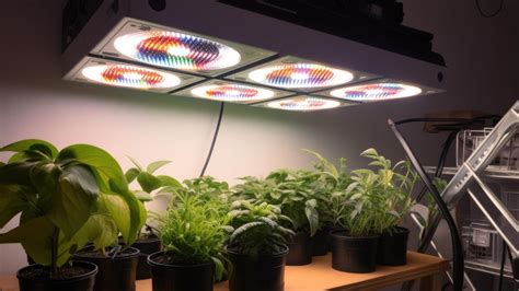 une plante d'intérieur luxuriante placée sous une lampe LED horticole dans un salon moderne