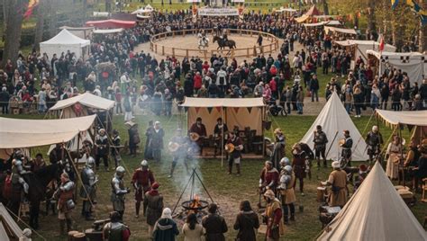Vue d'ensemble d'une fête médiévale avec campements de chevaliers et décorations d'époque