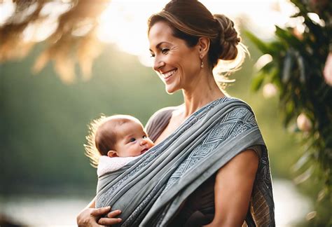 une femme souriante portant un bébé dans une écharpe de portage colorée