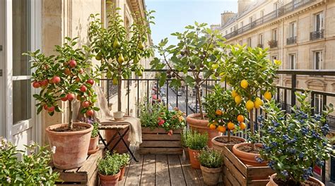 Un balcon aménagé avec divers arbres fruitiers en pot
