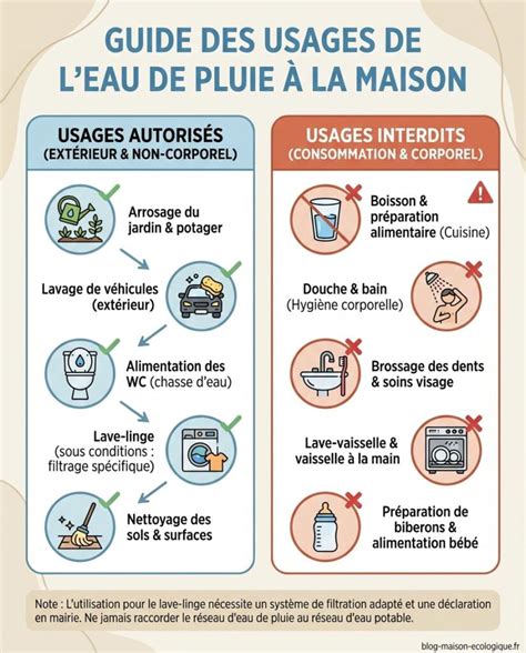 Tableau des usages autorisés et interdits de l'eau de pluie