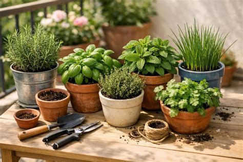 Illustration d'un jardin d'herbes aromatiques en pot sur un balcon ensoleillé